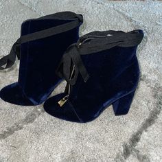 Blue Ankle Boots, Velvet, With Golden Front Closure And Black Bows. In Excellent Condition! Brand New Blue Ankle Boots, Velvet Ankle Boots, Black Bows, Shoes Blue, Zara Shoes, Black Bow, Blue Velvet, Blue Shoes, Bootie Boots