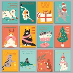 six greeting cards with different animals and christmas decorations on them, all in bright colors