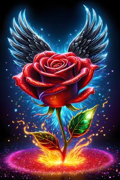 a red rose with wings on it and some firework in the air behind it