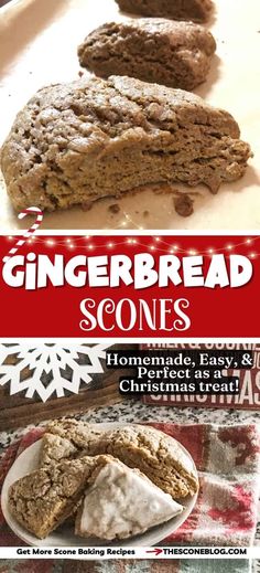 gingerbread scones with white frosting are on a red and white tablecloth