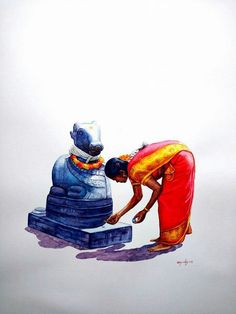 a painting of two people working on a statue