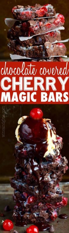 chocolate covered cherry magic bars stacked on top of each other