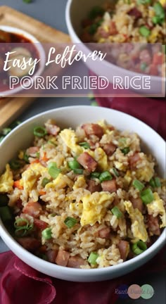 a bowl filled with fried rice and vegetables next to another bowl full of food on a table