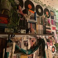 there are many records and plants on the wall