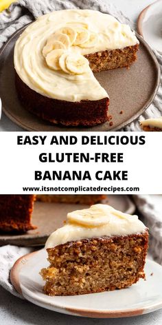 two pictures showing the inside of a banana cake with white frosting on top and side by side