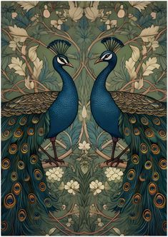 two peacocks standing next to each other in front of a floral background with leaves and flowers