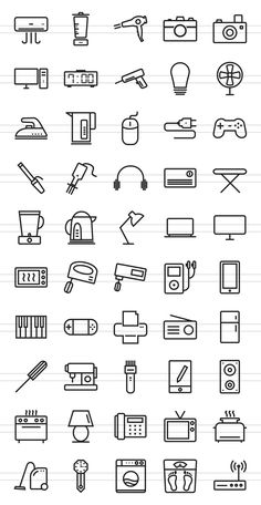 a bunch of icons that are drawn in pencil on lined paper, with different types of items