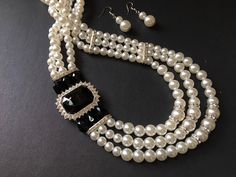 "This pearls necklace is soooo romantic and beautiful which you (and me) can deny of it!! Very vintage Victorian style with a simple design pendant set on one side and linked to 3 rows pearls chain. We have added an extra long cable chain finished with a sparkle pendant at end for you to adjust the length. Size: necklace measures around 20\" long (inner) x 24.25\" (outside) width. Earring 1.75\" drop x 0.4\" width Color: silver with clear/black rhinestone crystals, glass stones and pearls ** Ple Modern Pearl Necklace, Rhinestone Headpiece, Bridal Pearl Necklace, Crystal Headpiece, Pearls Necklace, Clasp Necklace, Necklace Wedding, Jewelry Bridal, Vintage Victorian