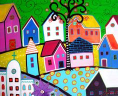 a painting of colorful houses on a green background