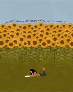 a woman laying on the ground in front of a large field of sunflowers