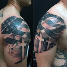 a man with a cross and an american flag on his shoulder is shown before and after it has been tattooed