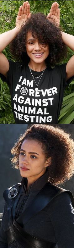 the same woman has her hands on her head and is wearing a t - shirt that says i am never against animal testing