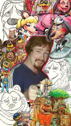 a collage of cartoon characters and an image of a man with his mouth open