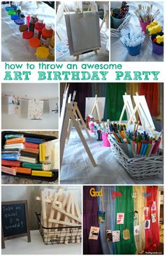 an assortment of arts and crafts items on display with the words how to throw an awesome art birthday party