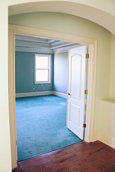 an empty room with blue carpet and white doors