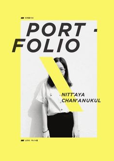 a woman standing in front of a yellow and black poster with the words port folio