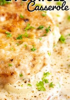 pork chops and potatoes casserole on a white plate