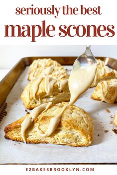 a spoon drizzling maple scones onto a piece of bread