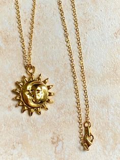 Sun & Moon Necklace 𖤓 Gold Plated Brass 𖤓 18in Chain 𖤓 Cute & trendy Trendy Gold Charm Necklace With Moon Charm, Trendy Moon Charm Necklace As Gift, Trendy Moon Charm Jewelry As Gift, Trendy Moon Charm Jewelry Gift, Everyday Adjustable Sun And Moon Design Necklace, Trendy Handmade Moon-shaped Jewelry, Trendy Sun And Moon Design Jewelry As A Gift, Trendy Moon-shaped Necklace For Gift, Trendy Moon Shaped Necklace For Gift