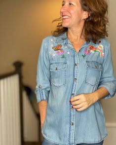 Festival Denim Shirt – CAS curate.admire.style Shirt With Embroidery, Embroidery Embellishments, Hygge Style, Blue Denim Shirt, Service Women, Ladies Boutique, Happy Place, Denim Shirt, Shirt Jacket