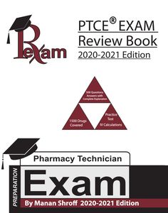 the pharmacy technician exam manual is shown in red and black, with an image of a mortar