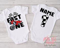 two baby onesuits with the words fast one on them and a red race car