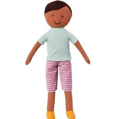 a doll with brown hair wearing pink and white striped pants, green shirt and yellow socks