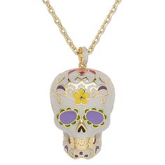 This necklace, featuring a striking skull pendant with flower and swirl design, is perfect for both men and women. The skull is decorated in the style of a vividly painted sugar skull to honor the deceased in celebration of the Mexican holiday Dia de los Muertos (Day of the Dead). Colors can include grey, yellow, purple and more. Multicolor Skull Jewelry For Day Of The Dead, White Skull Shaped Jewelry Gift, White Skull Print Jewelry For Gift, White Skull Print Jewelry Gift, Day Of The Dead Multicolor Skull Jewelry, White Skull Jewelry For Day Of The Dead, White Skull Print Jewelry, Sugar Skull Necklace, Avant Garde Jewelry