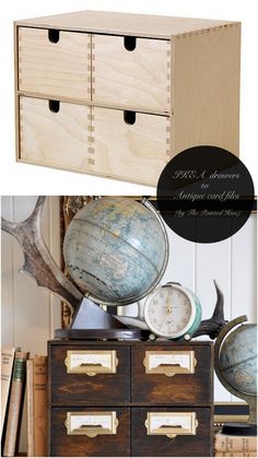 an old dresser with drawers and globes on top is featured in this collage