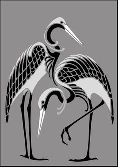 two birds standing next to each other on top of a gray background with black and white lines