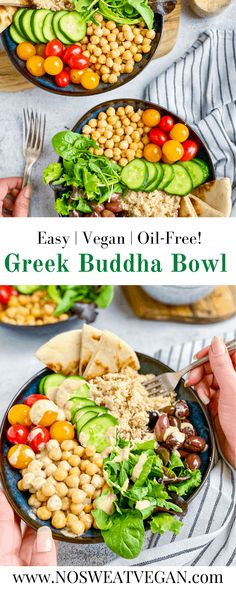 two plates filled with different types of food and the words easy vegan oil - free greek buddha bowl