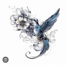 a blue bird with white flowers on it's back and wings flying through the air