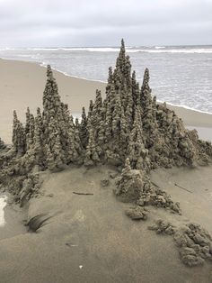 a sand castle made to look like trees on the beach