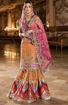 Pakistani Mayon Dresses, Orange Gharara, Gharara Dress, Mayon Dresses, Dress For Wedding Party, Dresses Pakistani, Pakistani Dresses Online, Raw Silk Fabric, Pakistani Fancy Dresses