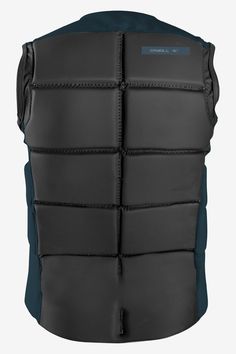 the back of a black vest with blue details