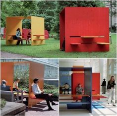 people are sitting and standing around in different colored furnitures, including a bench with an open door