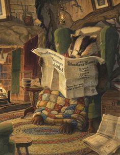 a painting of a raccoon reading a newspaper while sitting on a chair in front of a fireplace