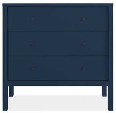 a blue dresser with three drawers and one drawer on the bottom, in front of a white background