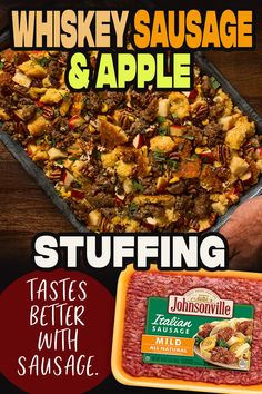 an advertisement for whiskey sausage and apple stuffing