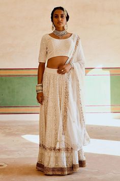 Cream georgette chikankari embroidered lehenga set Cream Lehenga, Sheer Dupatta, Ritu Kumar, Padded Blouse, Sequin Embroidery, Wedding Lehenga, Pattern Embroidery