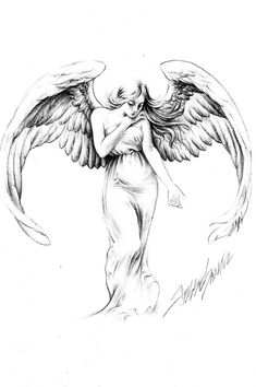 a drawing of an angel with large wings