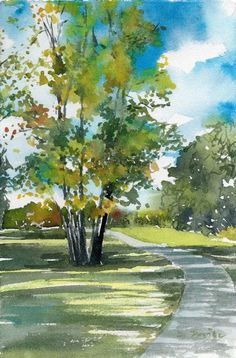 a watercolor painting of a tree on the side of a road