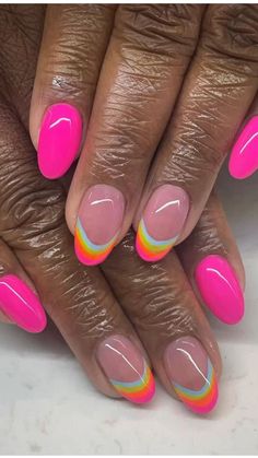 Bright Simple Nail Designs, Bright Tips Acrylic Nails, Hot Pink Rainbow Nails, Bright Spring Nails 2024, Fun Summer Nails Square, Cute Tropical Nails, Key West Nails, Nail Colors For Summer 2023, Short Bright Nails