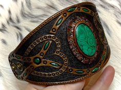 Bohemian Hand Tooled Green Jewelry, Green Leather Artisan Jewelry, Green Hand Tooled Jewelry For Gift, Leather Carving, Hand Tooled Leather, Tooled Leather, Leather Cuffs, Favorite Pins, Leather Tooling