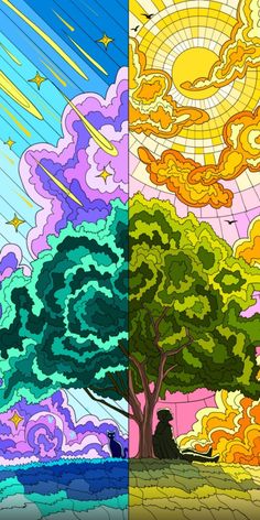 two different colored images with trees and clouds