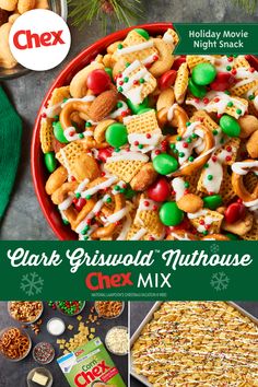 christmas snack mix in a red bowl with the title overlay reading clark griswald's nuthouse chex mix