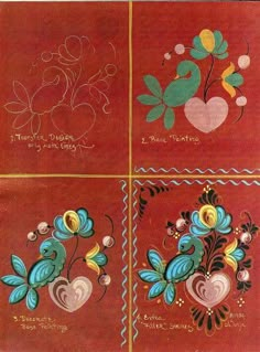 four red tiles with flowers and hearts on them