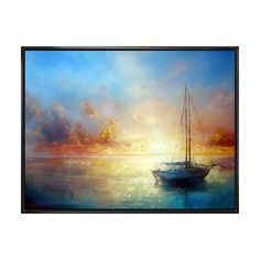 a painting of a sailboat on the water at sunset with clouds in the sky