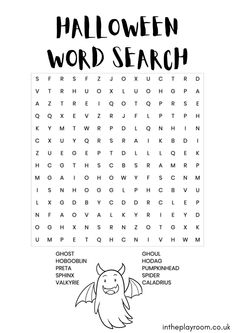 the halloween word search is shown in black and white with an image of a bat