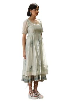 Pale green stripe hand printed dress with all over floral embroidery. - Aza Fashions Green Embroidered Knee-length Summer Dress, Striped Cotton Dress For Garden Party, Fitted Green Cotton Embroidered Dress, Striped Dresses For Garden Party, Luxury Sale, Fashion App, Printed Dress, Modern Bride, Embroidered Silk